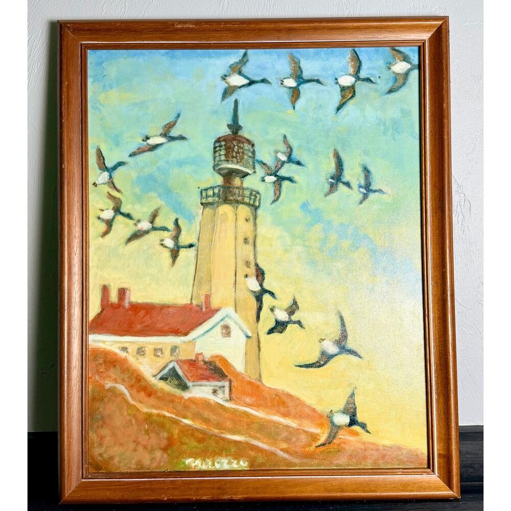 Vintage Original Lighthouse Painting Flying Seabirds Signed Coastal Wall Decor - Picture 9 of 14